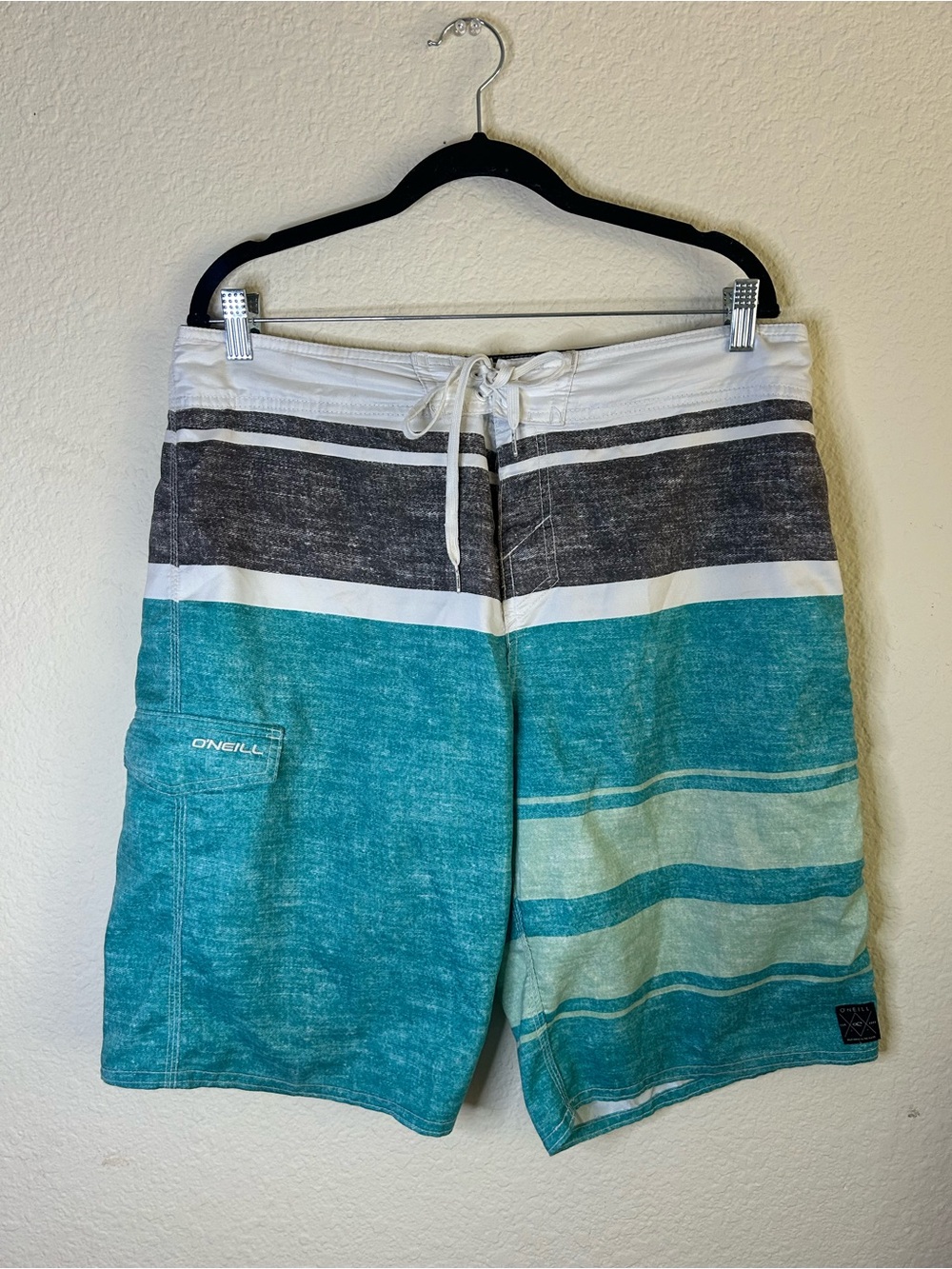 O'Neill‎ Men's Teal Stripe Boardshorts 36 Beach Vacation Lake Camp Outdoor Boat